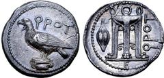 Greek Bruttium, Kroton AR Stater. Circa 425-350 BC. Eagle standing left on Ionic capital, with wings folded; ϘPOT above / Tripod terminating in lion's feet, barley grain to left, ϘPOT to left, E below
