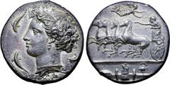 Greek Sicily, Syracuse AR Dekadrachm. Time of Dionysios I, circa 405-370 BC. Reverse die signed by Euainetos. Charioteer driving galloping quadriga to left, holding kentron in right hand, reins in lef