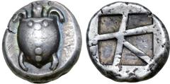 Greek Islands off Attica, Aegina AR Stater. Circa 480-457 BC. Sea turtle, head in profile, with 'T' design in pellets on shell / Large square incuse with skew pattern. Meadows, Aegina, Group IIIa; Mil