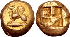Greek Mysia, Kyzikos EL Stater. Circa 500-450 BC. Roaring griffin standing to left on tunny fish, right foreleg raised and tongue protruding / Quadripartite incuse square. Von Fritze 99; Boston MFA 14