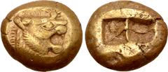 Greek Kingdom of Lydia, Alyattes EL Trite. Sardes, circa 610-546 BC. Head of roaring lion right, sunburst with multiple rays on forehead / Two incuse square punches. Traité II/1, 44, pl. II, 6; BMC Ly