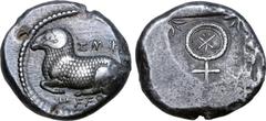 Greek Cyprus, Salamis AR Stater. Euelthon (Evelthon), circa 560-535 BC. Recumbent ram to left; Cypriot script 'e-u-we-le-to-to-se' around / Ankh, on which inscribed Cypriot character 'ku'; [rose buds]