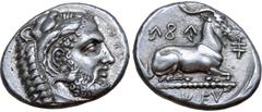 Greek Cyprus, Salamis AR Stater. Evagoras I, circa 411-374 BC. Head of bearded Herakles wearing lion skin headdress to right, Cypriot script before / Goat with long horns and beard lying to right on d