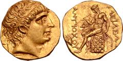 Greek Seleukid Empire, Antiochos I Soter AV Stater. Aï Khanoum, circa 266-261 BC. Diademed head of Antiochos I to right, with rejuvenated and idealised features / Apollo Delphios, nude, seated to left