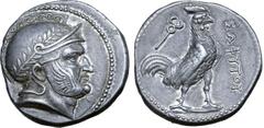 Greek Baktria, Sophytes AR Tetradrachm. Uncertain mint in the Oxus region, circa 246/5-235 BC. Attic standard. Head of Seleukos(?) right, wearing laurel wreathed Attic helmet decorated with spiral pat