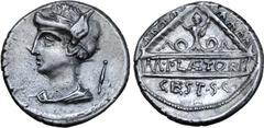 Roman Republic M. Plaetorius M. f. Cestianus AR Denarius. Rome, 69 BC. Draped female bust left, wearing winged diadem; control-mark (stilus) behind / Pediment of temple within which stands an anguiped