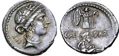 Roman Imperatorial Julius Caesar AR Denarius. Military mint moving with Caesar, 48-47 BC. Diademed female head right, wearing oak-wreath, cruciform earring, and pearl necklace; IIT (Caesar's age) behi