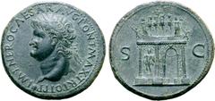 Roman Imperial Nero Æ Sestertius. Lugdunum, AD 66. IMP NERO CAESAR AVG PONT MAX TR POT P P, laureate head left / Garlanded triumphal arch surmounted by statue of Nero in facing quadriga escorted on ri
