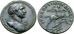 Roman Imperial Trajan Æ Sestertius. Rome, AD 107-110. IMP CAES NERVAE TRAIANO AVG GER DAC PM TR P COS V P P, heroic bust right, drapery on far shoulder / S P Q R OPTIMO PRINCIPI, Trajan on horse ridin