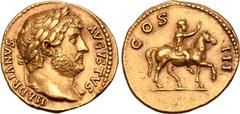 Roman Imperial Hadrian AV Aureus. Rome, AD 125-128. HADRIANVS AVGVSTVS, laureate bust right, slight drapery on far shoulder / COS III, Hadrian on horseback right, raising right hand. RIC 186; Strack 1