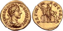 Roman Imperial Commodus AV Aureus. Rome, AD 178. L•AVREL•COMMODVS AVG, laureate, draped and cuirassed bust right / TR P III•IMP II•COS•P•P•, Castor standing left, holding horse by its bridle with righ