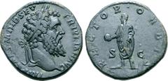 Roman Imperial Didius Julianus Æ Sestertius. Rome, AD 193. IMP CAES M DID SEVER IVLIAN AVG, laureate head right / RECTOR ORBIS, Didius Julianus standing to left, holding globe and scroll; S-C across f