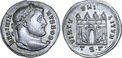 Roman Imperial Galerius, as Caesar, AR Argenteus. Thessalonica, AD 302. MAXIMIANVS NOB C, laureate head right / VIRTVS MILITVM, four-turreted camp gate with doors thrown open, star above arch; TS•Γ• i
