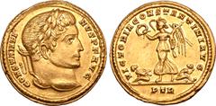 Roman Imperial Constantine I 'the Great' AV Solidus. Trier, AD 313-315. CONSTANTINVS P F AVG, laureate head right / VICTORIA CONSTANTINI AVG, Victory advancing to left, holding wreath aloft in right h