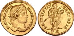 Roman Imperial Constantine II, as Caesar, AV Solidus. Treveri, AD 326-327. FL CL CONSTANTINVS IVN N C, laureate head right / PRINCIPI IVVENTVTIS, Constantine II standing right, in military attire and 