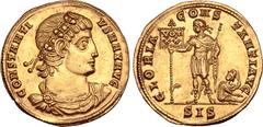 Roman Imperial Constantius II AV Solidus. Siscia, AD 337-340. CONSTANTIVS MAX AVG, rosette-diademed, draped and cuirassed bust right / GLORIA CONSTANTI AVG, Constantius, diademed and in military attir