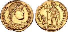 Roman Imperial Jovian AV Solidus. Sirmium, AD 363-364. D N IOVIANVS P F AVG, pearl-diademed, draped and cuirassed bust right / SECVRITAS REIPVBLICE, Jovian, diademed and in military attire, standing f