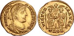 Roman Imperial Magnus Maximus AV Solidus. Treveri, AD 383-388. D N MAG MAXIMVS P F AVG, rosette-diademed, draped and cuirassed bust right / VICTORIA AVGG, two emperors, in consular robes, seated facin