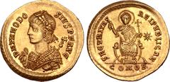 Roman Imperial Theodosius II AV Solidus. Constantinople, AD 409-415. D N THEODOSIVS P F AVG, rosette-diademed, beardless consular bust left, draped in imperial mantle and holding mappa and sceptre tip
