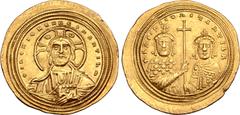 Byzantine Basil II Bulgaroktonos, with Constantine VIII, AV Histamenon Nomisma. Constantinople, AD 1005-1025. + IҺS XIS RЄX RЄGNANTIҺM, bust of Christ facing, wearing nimbus with crescents in upper qu