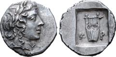 Greek Lykian League, Kragos AR Hemidrachm. Circa 35-30 BC. Laureate head of Apollo right, Λ behind, Y before / Kithara of five strings, K-P across lower fields; all within shallow incuse square. Troxe