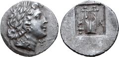 Greek Lykian League, Masikytes AR Hemidrachm. Circa 48-42 BC. Laureate head of Apollo right; Λ behind, Y in front / Kithara of four strings, M-A across lower fields, plectrum below on left; all within
