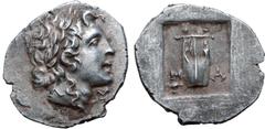 Greek Lykian League, Masikytes AR Hemidrachm. Circa 48-42 BC. Laureate head of Apollo right; Λ behind, Y in front / Kithara of four strings, M-A across lower fields, plectrum below on left; all within