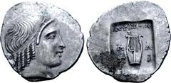 Greek Lykian League, Masikytes AR Hemidrachm. Circa 35-30 BC. Head of Apollo right, wearing taenia / Kithara of three strings, LYKIΩN above, M-A across upper fields, Σ-I across lower fields; all withi