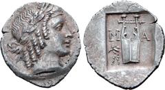 Greek Lykian League, Masikytes AR Hemidrachm. 2nd - 1st century BC. Laureate head of Apollo right, Λ behind, Y before / Kithara of four strings, M-A across upper fields, filleted branch in lower left 
