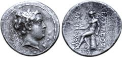 Greek Seleukid Empire, Antiochos the son of Seleukos IV AR Tetradrachm. Antioch, circa 175 BC. Diademed head right / Apollo Delphios seated left on omphalos, holding arrow and resting on hand on bow; 