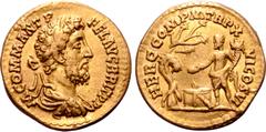 Roman Imperial Commodus AV Aureus. Rome, AD 190-191. M COMM ANT P FEL AVG BRIT P P, laureate, draped and cuirassed bust right / HERC COM P M TR P XVI COS VI, Commodus as Hercules, standing left, holdi