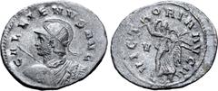 Roman Imperial Gallienus AR Antoninianus. Rome, AD 260-261. GALLIENVS AVG, radiate, helmeted, draped, and cuirassed bust left, viewed from rear, holding spear and shield / VICTORIA AVG III, Victory wa
