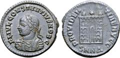 Roman Imperial Constantius II, as Caesar, Æ Mule Nummus. Nicomedia, circa AD 324-329. FL IVL CONSTANTIVS NOB C, laureate, draped and cuirassed bust left / PROVIDENTIAE AVGG, camp gate with two turrets