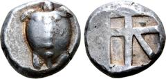 Greek Islands off Attica, Aegina AR Stater. Circa 480-457 BC. Sea turtle, head in profile, with 'T' design in pellets on shell / Large square incuse with skew pattern. Meadows, Aegina, Group IIIa; Mil