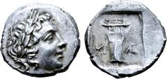 Greek Lykian League, Masikytes AR Hemidrachm. Circa 44-18 BC. Laureate head of Apollo right; [Λ] behind, [Y] before / Kithara; M-A across lower fields; all within shallow incuse square. Müseler XI, 32