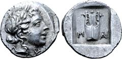 Greek Lykian League, Masikytes AR Hemidrachm. Circa 44-18 BC. Laureate head of Apollo right; Λ behind, Y before / Kithara; M-A across lower fields; all within shallow incuse square. Müseler XI, 32; Tr