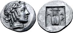 Greek Lykian League, Masikytes AR Hemidrachm. Circa 44-18 BC. Laureate head of Apollo right, Λ behind, [Y] before / Kithara; M-A across upper fields, branch in lower right field; all within shallow in