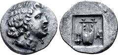 Greek Lykian League, Masikytes AR Hemidrachm. Circa 44-18 BC. Laureate head of Apollo right; Λ behind, Y before / Kithara; M-A across lower fields, plectrum below on left; all within shallow incuse sq