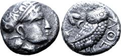Greek Parthia(?), 'Athenian Series' AR Hemidrachm. Hekatompylos(?), circa 246/5-239/8 BC. Attic standard. Head of Athena right, wearing earring, necklace, and crested Attic helmet decorated with three