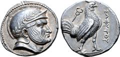 Greek Baktria, Sophytes AR Tetradrachm. Uncertain mint in the Oxus region, circa 246/5-235 BC. Attic standard. Head of Seleukos(?) right, wearing laurel wreathed Attic helmet decorated with spiral pat