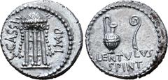 Roman Imperatorial C. Cassius Longinus and P. Cornelius Lentulus Spinther AR Denarius. Military mint travelling with Brutus (Smyrna?), 43-42 BC. Tripod with cauldron, decorated with two laurel-branche