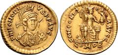 Roman Imperial Honorius AV Solidus. Constantinople, AD 463-465. D N HONORIVS P F AVG, pearl-diademed, helmeted, and cuirassed bust facing slightly right, holding spear and shield / CONCORDIA AVGG, Con