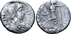 Roman Imperial Jovinus AR Siliqua. Arelate, AD 411-413. D N IOVINVS P F AVG, pearl-diademed, draped and cuirassed bust right / RE[STITVTOR RE]IP, Roma seated left on curule chair, holding Victory on g