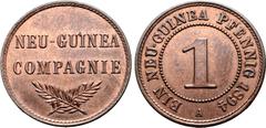 Medieval and Modern Papua New Guinea, German Colonial. Wilhelm II CU 1 Pfennig. 1894 A. NEU-GUINEA COMPAGNIE in two lines above crossed palm branches / Denomination within dotted border; EIN NEU-GUINE