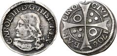 Medieval and Modern Spain, Principality of Catalonia. Charles III AR Groat. Barcelona, 1706. CAROL•III•D•G•HISP•REX•, draped bust left / BAR CINO CIVI, cross; three pellets in first and fourth quarter