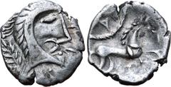 Spain, Gaul and Celtic Britannia, Iceni. Norfolk God AR Unit. Moustache type. 20 BC - AD 10. Male head right, oval eye, moustachioed, short dashes for hair with longer crescents behind, each with pell