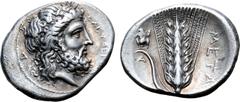 Greek Lucania, Metapontion AR Stater. Circa 333-330 BC. Laureate head of Zeus right, [ΕΛΕΥΘΕΡΙΟΣ] before, [Δ] behind / Ear of barley with leaf to left, upon which Silenos crouches; META to right, ΔA b