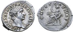 Roman Imperial Trajan AR Denarius. Rome, AD 100. IMP NERVA CAES TRAIAN AVG GERM, laureate head right, with drapery on far shoulder / P M TR P COS III P P, Abundantia seated left, holding sceptre and f