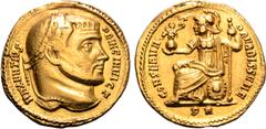 Roman Imperial Maxentius AV Aureus. Rome, 307. MAXENTIVS PRINC INVICT, laureate head right / CONSERVATOR VRBIS SVAE, Roma seated left, wearing crested helmet, long dress and mangle, shield at her side