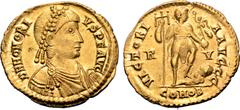 Roman Imperial Honorius AV Solidus. Ravenna, AD 395-423. D N HONORIVS P F AVG, pearl-diademed, draped and cuirassed bust right / VICTORIA AVGGG, emperor standing to right, left foot on captive, holdin